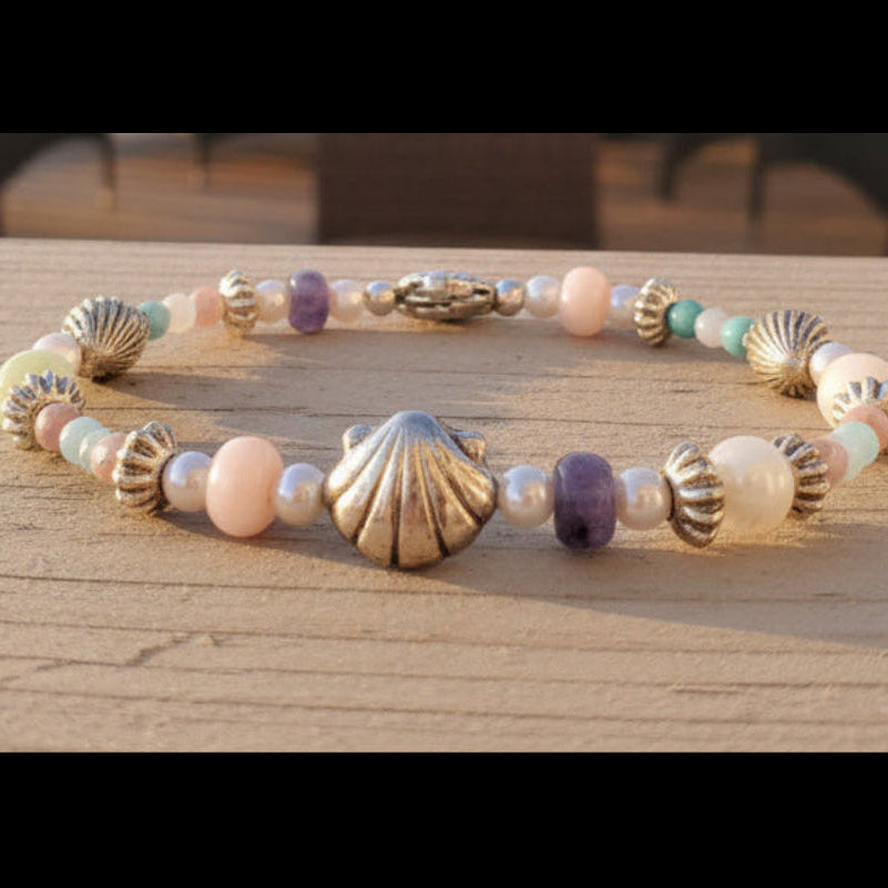 Shell Bracelet Summer Theme Multi Glass Bead Stretch Bracelet