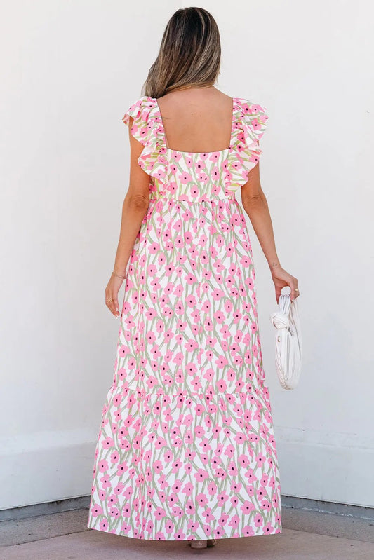 Maxi Dress - Floral Ruffled Straps - Vacation & Wedding