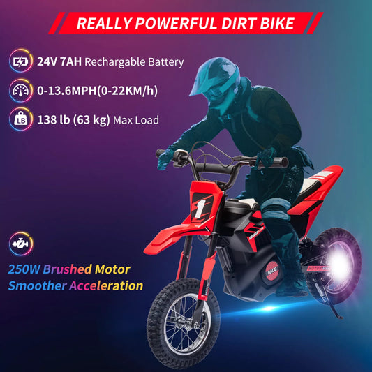 Young boy riding 24V electric dirt bike on trail