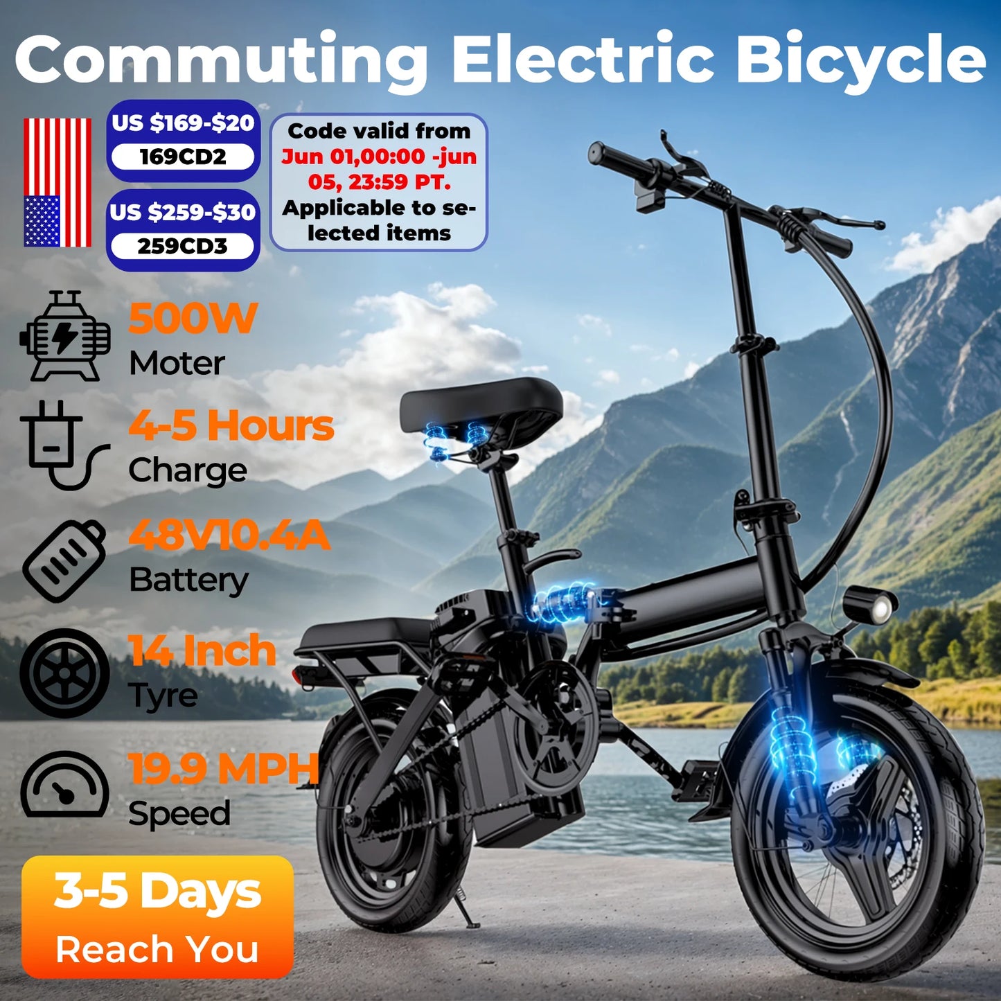 Electric bicycle with specifications and promotional text on a scenic background | Origin Zero