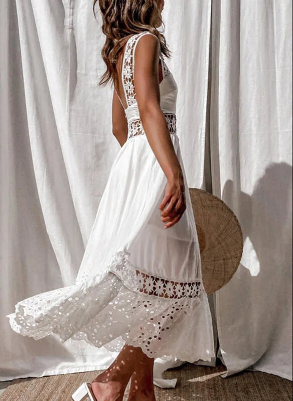 Backless Lace Cotton Women Fashion Sleeveless Bohemian White Dress Ladies Sexy Hollow Out Boho Maxi Sundress Robe