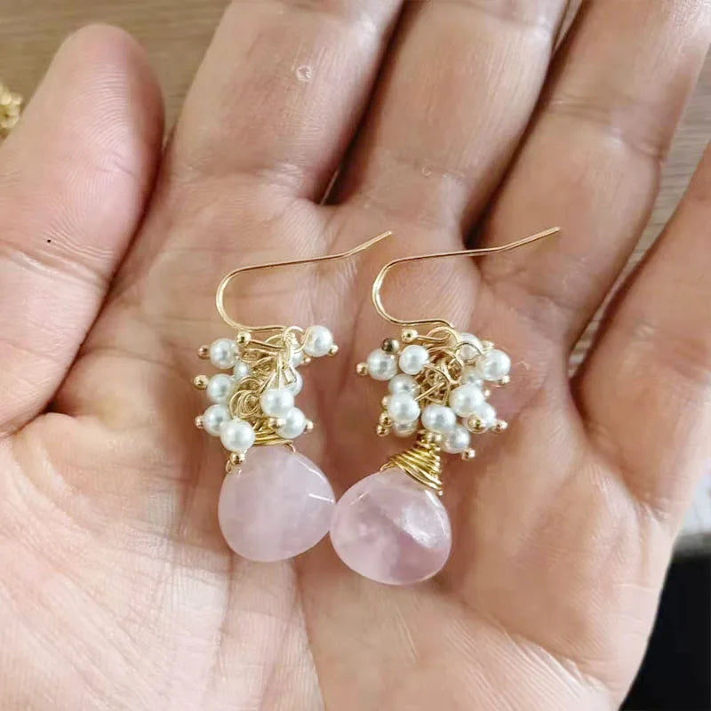 Handmade Seafoam Chalcedony & Seed Pearl Dangle Earrings Gold Earrings with Pearl Clusters Fashion Jewelry Accessory