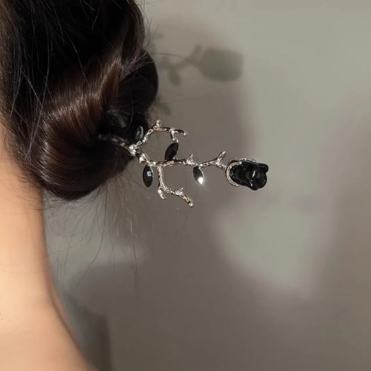 Rose Flower Crystal Hair Stick – Vintage Chinese Alloy Hairpin for Women, Black & Red
