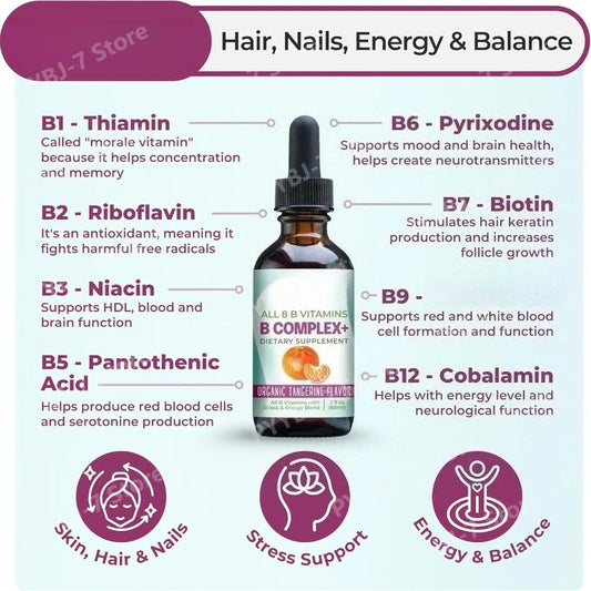Vitamin B Complex Liquid Drops for Women – Vegan B1 B2 B3 B5 B6 Biotin Folate & Choline – Energy, Mood & Metabolism Support