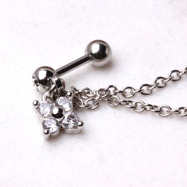 316L Surgical Steel Flower CZ Double Chained Cartilage Earring