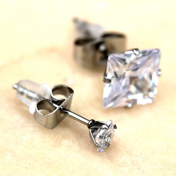 Pair of 316L Surgical Steel Clear Princess Cut CZ Stud Earrings