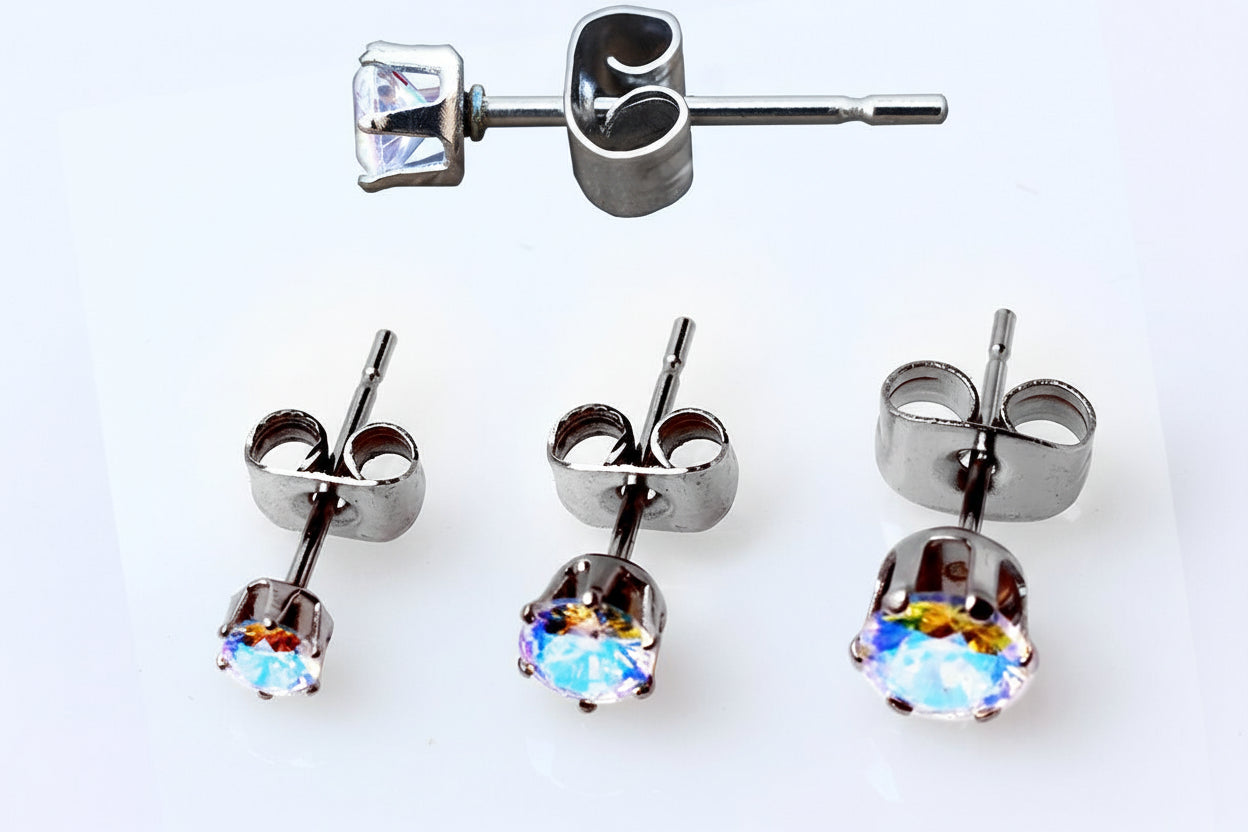 Pair of 316L Stainless Steel Aurora Borealis Round CZ Stud Earrings