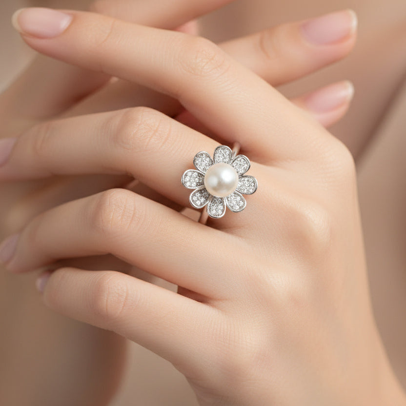 White Gold Dipped CZ Flower Acrylic Pearl Adjustable Ring