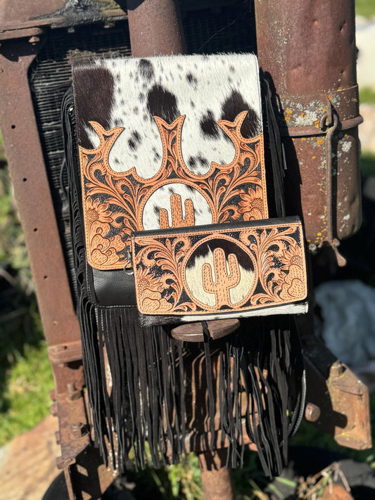 Genuine Western Cowhide Leather Purse and Wallet set with fringe and Cactus Tooling