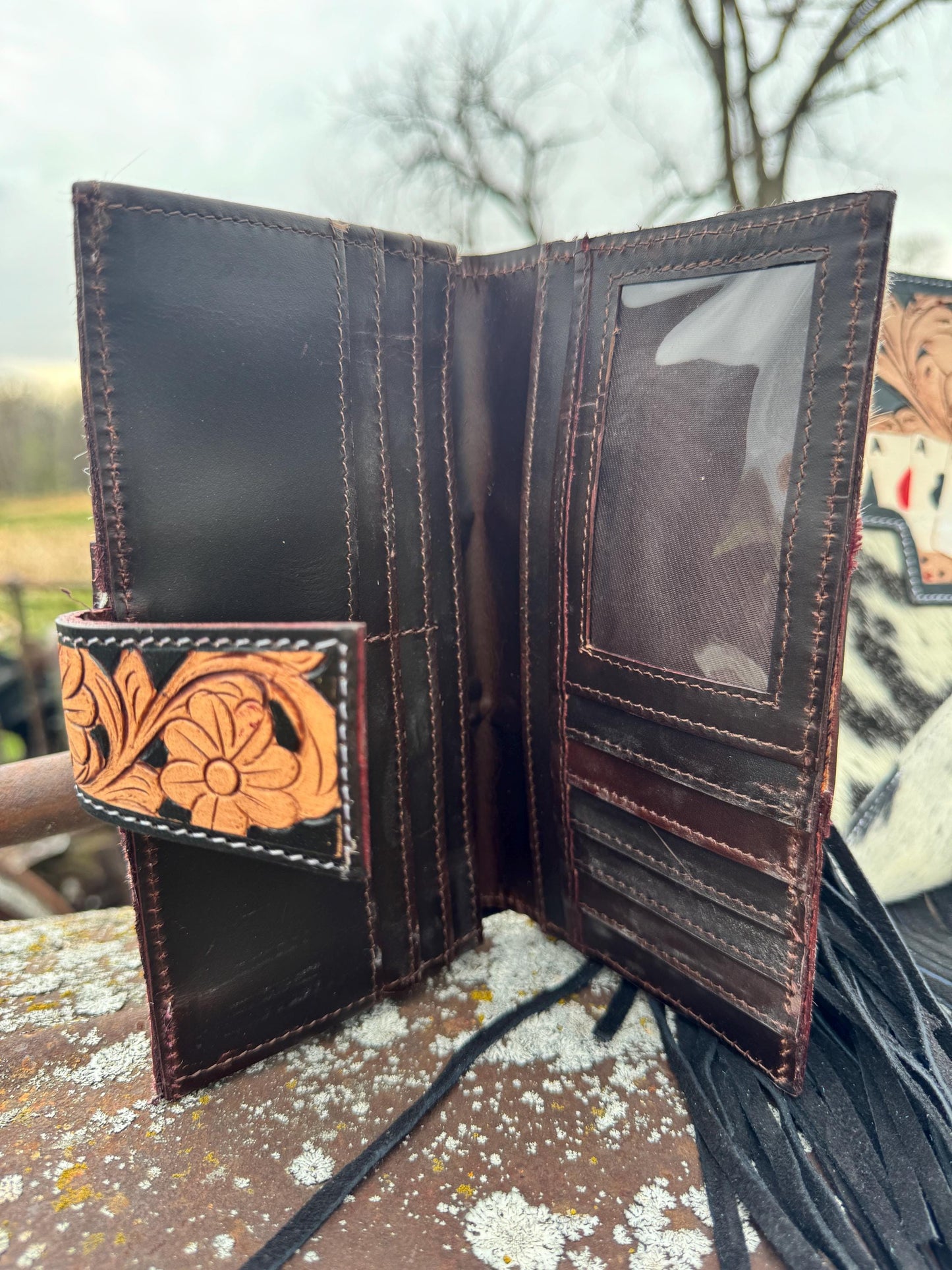 Genuine Western Spotted Cowhide Leather Purse and Wallet with Ace Cards painted details and black fringe
