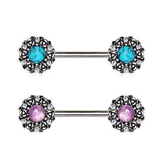 316L Stainless Steel Medieval Rose Nipple Bar Set with Stone Inlay