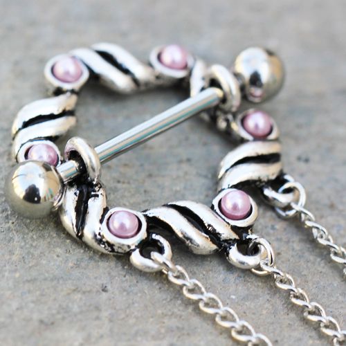 316L Stainless Steel Triple Chain Pink Ribbon Nipple Shields
