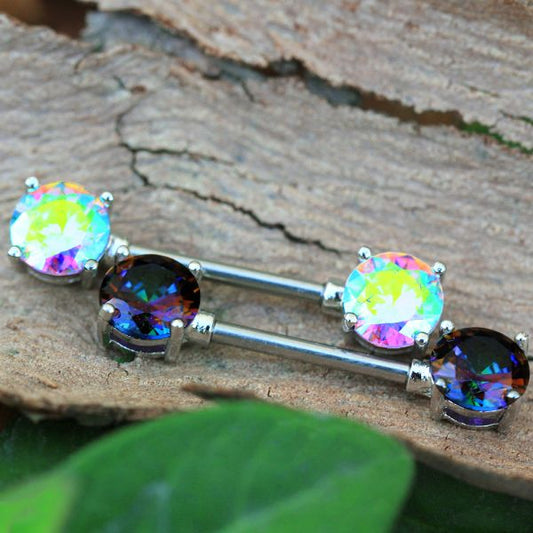 Pair 316L Stainless Steel Prong Set Iridescent Cubic Nipple Bar
