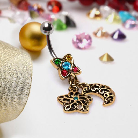 316L Stainless Steel Golden Moon & Star Dangle Navel Ring