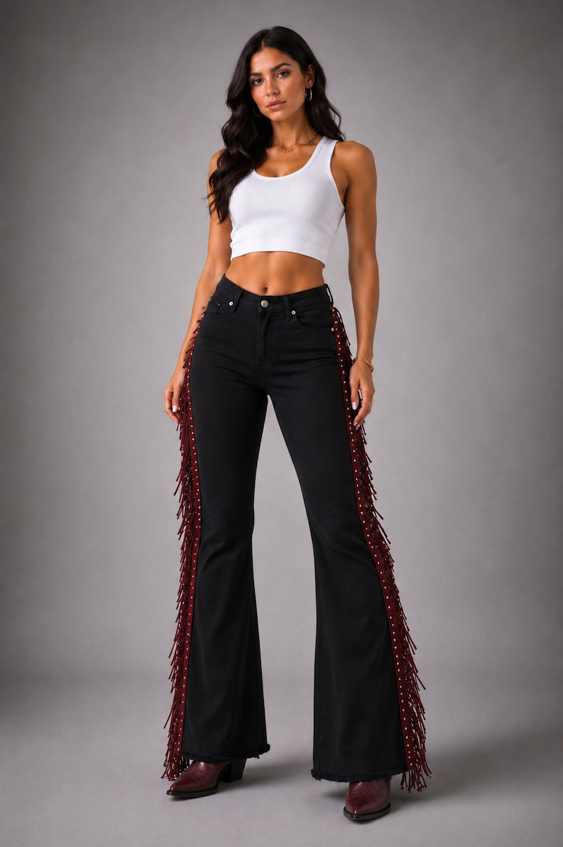 Texas Sun Bell Bottom Jean Burgundy Fringe