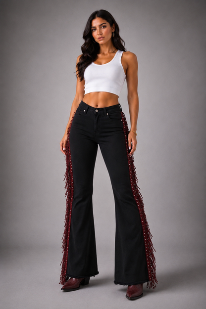 Texas Sun Bell Bottom Jean Burgundy Fringe