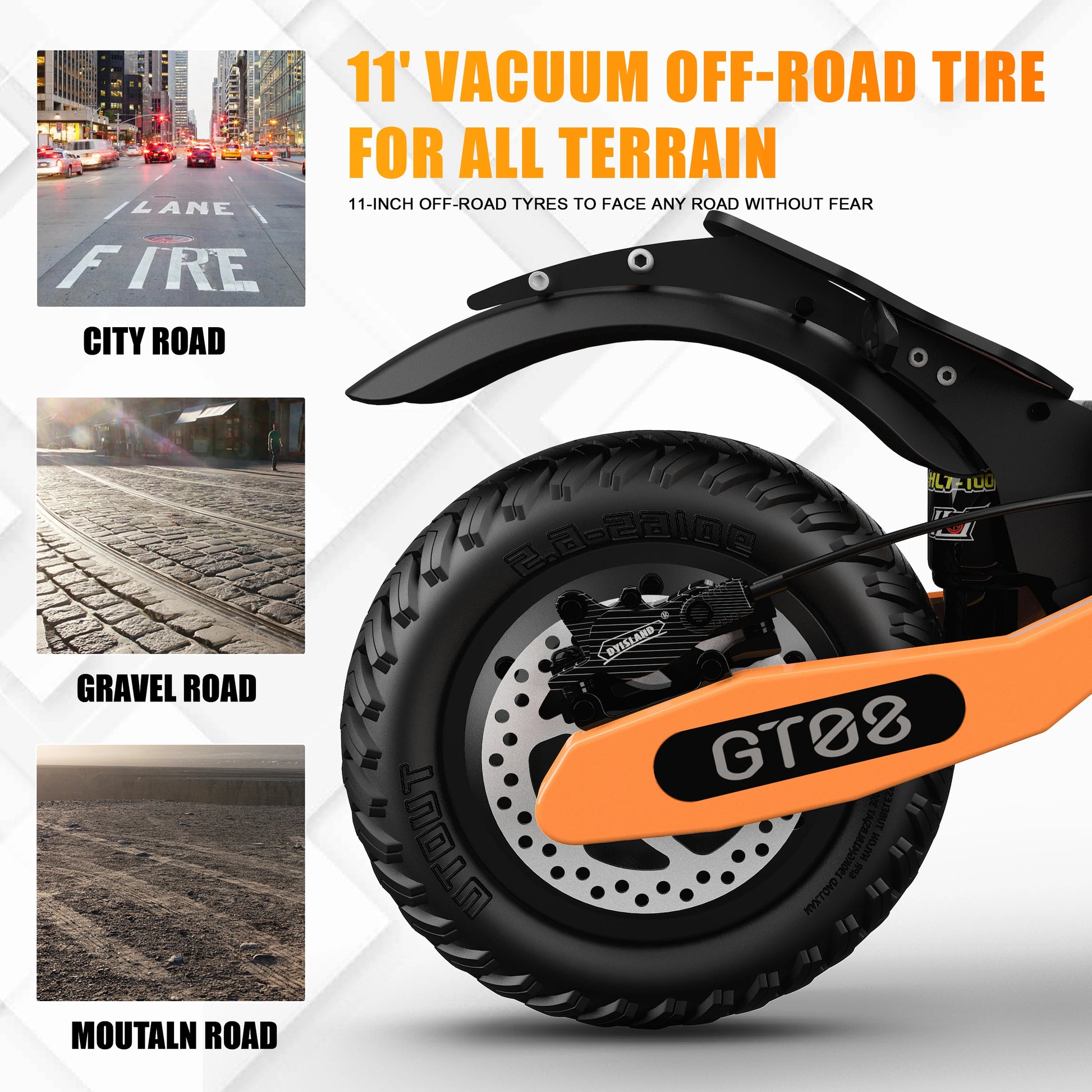 11-inch off-road tire with orange rim on a white background, showcasing its versatility on different terrains. | Origin Zero