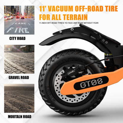 11-inch off-road tire with orange rim on a white background, showcasing its versatility on different terrains. | Origin Zero
