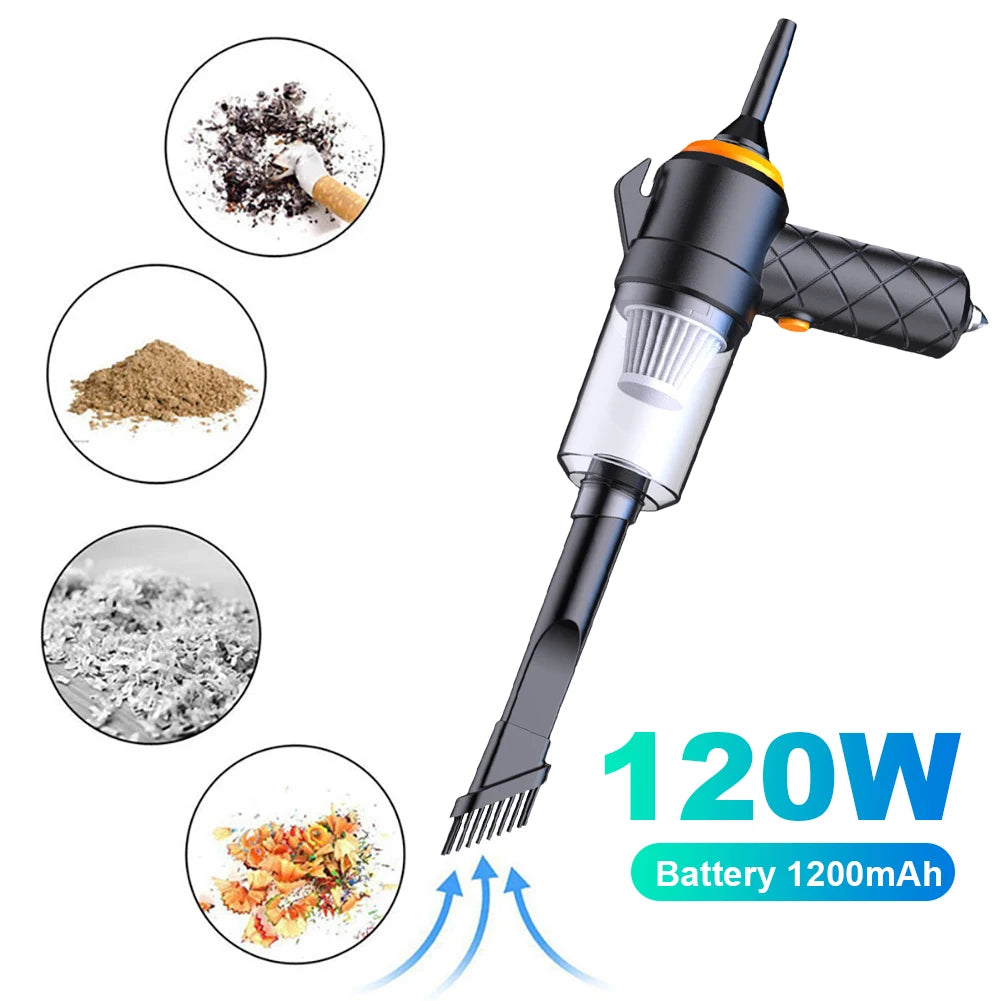 Handheld vacuum cleaner with 120W power and 1200mAh battery on a white background | Origin Zero