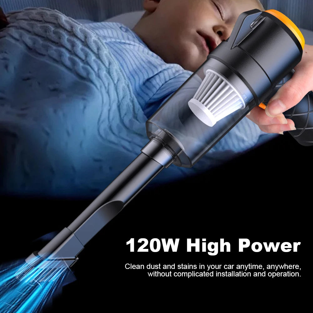 Person using a handheld vacuum cleaner with '120W High Power' text on a dark background | Origin Zero