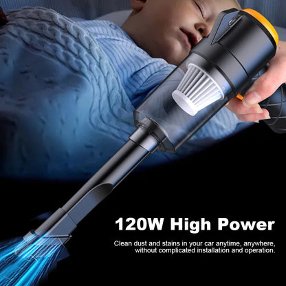 Person using a handheld vacuum cleaner with '120W High Power' text on a dark background | Origin Zero