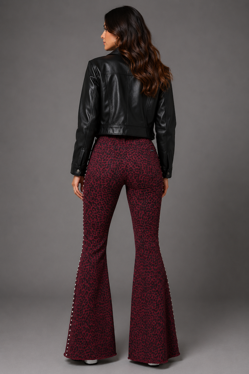 Studded Leopard Print Bell Bottom Pant in Wine