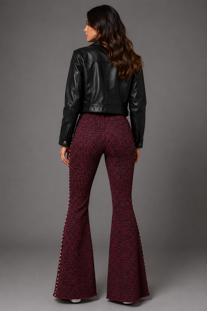 Studded Leopard Print Bell Bottom Pant in Wine