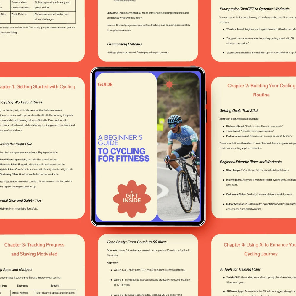 Phone displaying a guide to cycling for fitness with text and images on a red background | Origin Zero