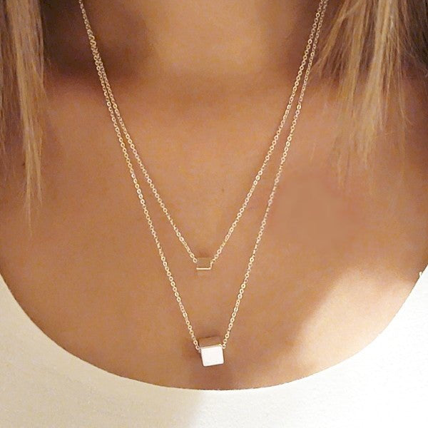 Cube Pendant Double Layer Necklace Set