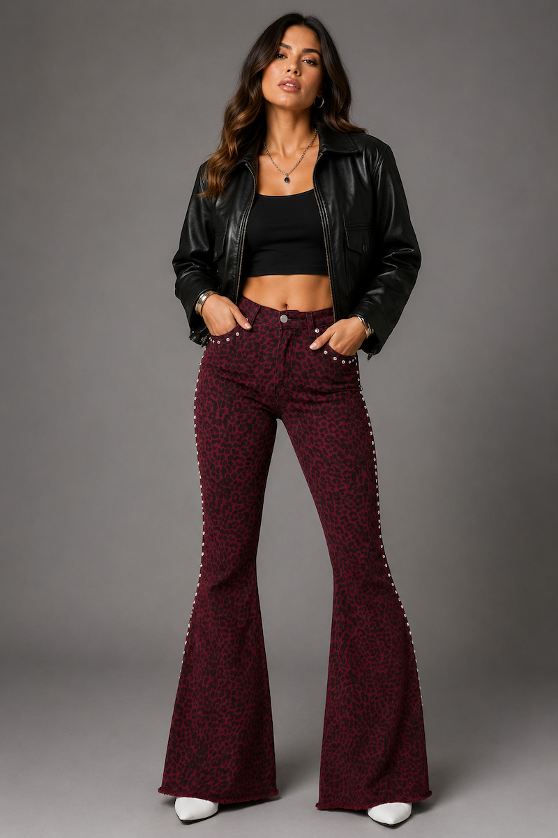 Studded Leopard Print Bell Bottom Pant in Wine