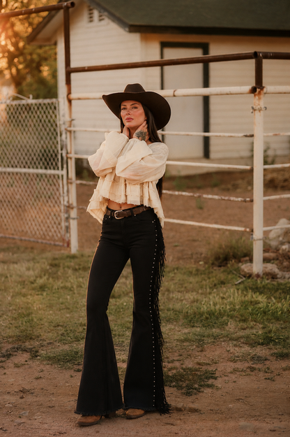 Texas Sun Bell Bottom Jean Black Fringe