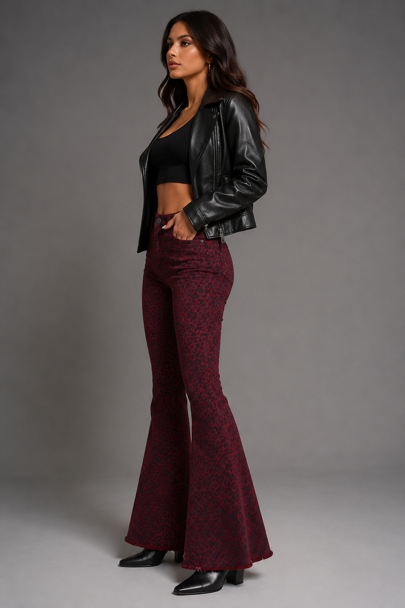 Leopard Print Bell Bottom Pant in Burgundy