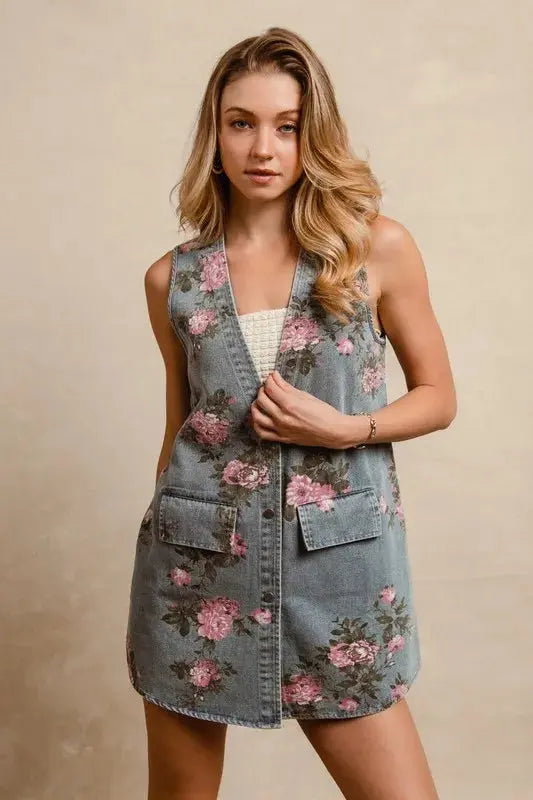Denim Vest - Floral Print - Women's Chic Casual