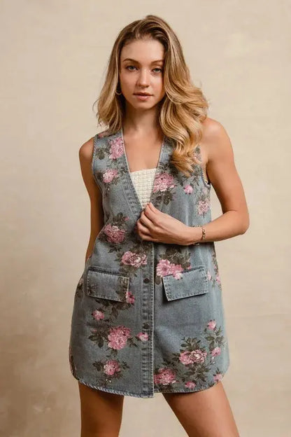 Denim Vest - Floral Print - Women's Chic Casual