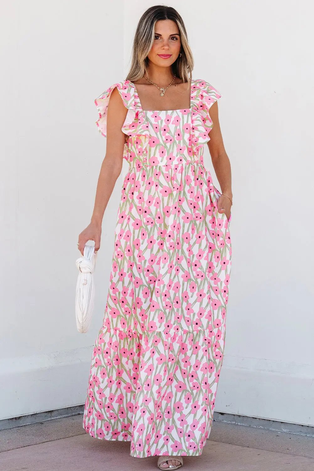 Maxi Dress - Floral Ruffled Straps - Vacation & Wedding