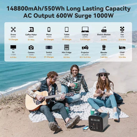 Portable 550Wh Solar Power Station | 600W Pure Sine Wave | AC, USB & DC