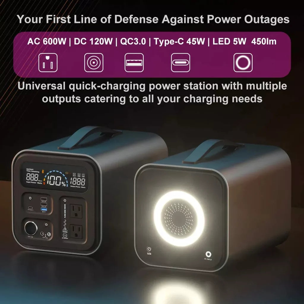 Portable 550Wh Solar Power Station | 600W Pure Sine Wave | AC, USB & DC