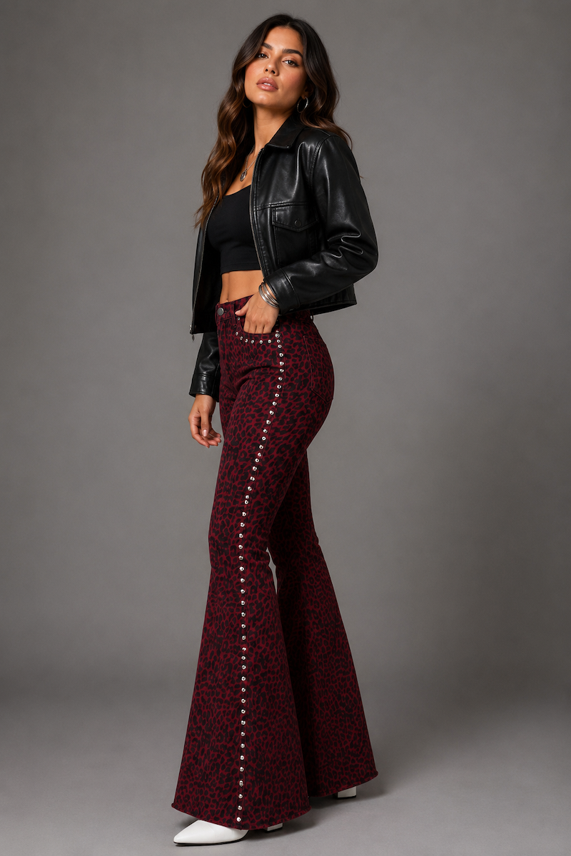Studded Leopard Print Bell Bottom Pant in Wine