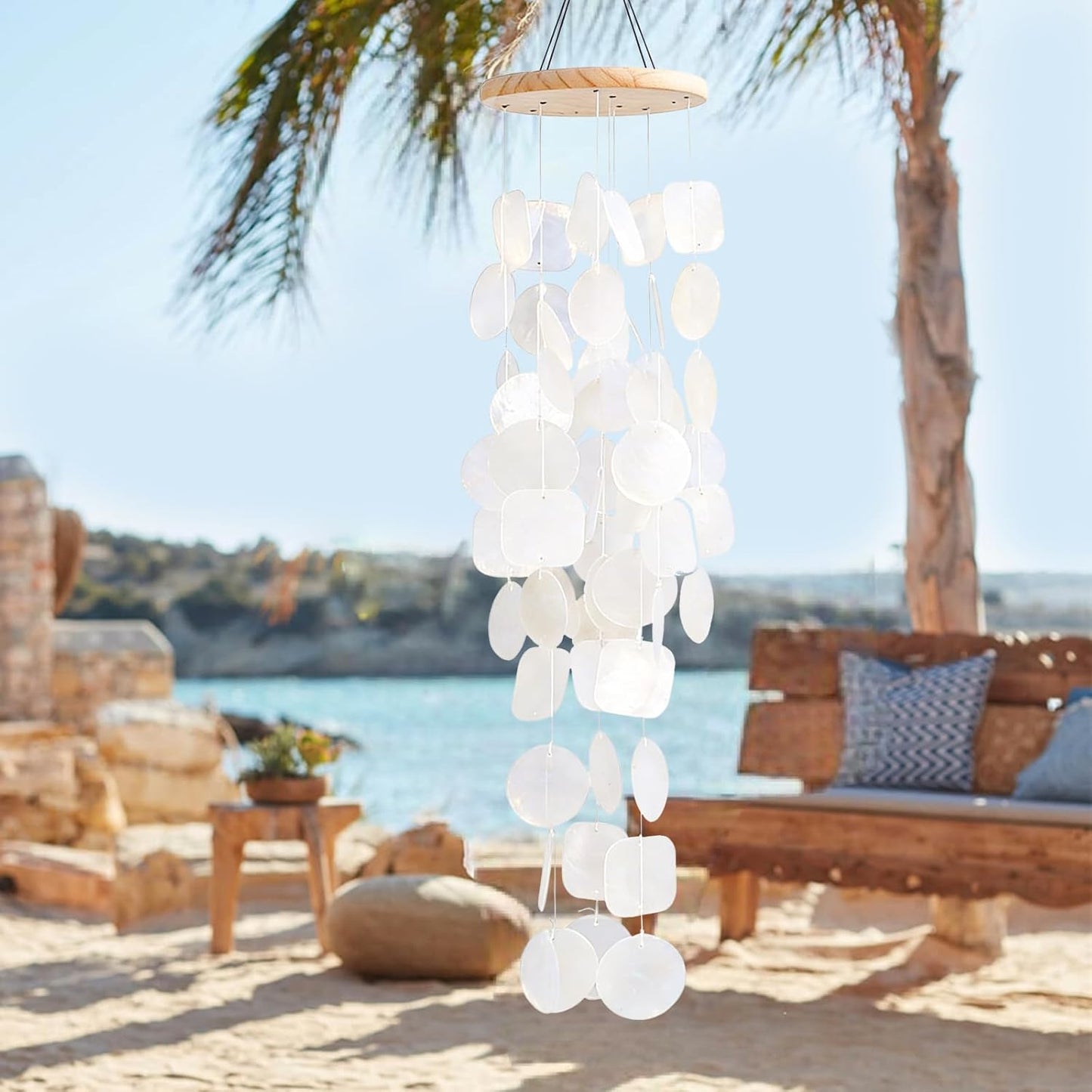 White Seashell Glass Wind Chimes 28"