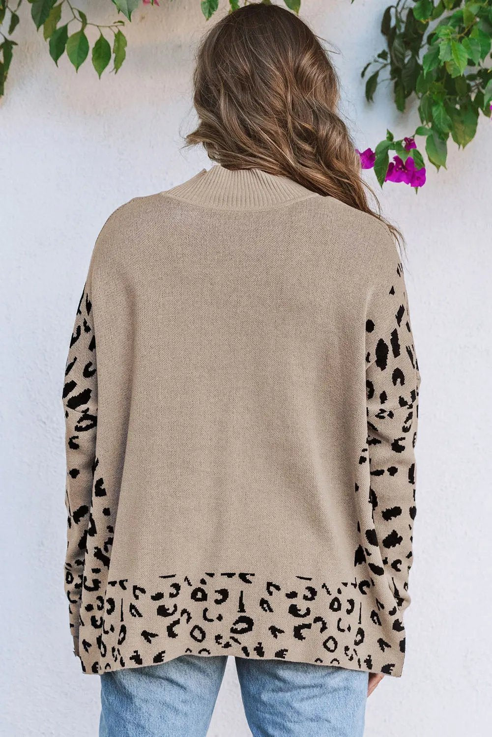 Women's Sweater - Leopard Print High Neck Side Slit - Oversized Daily
