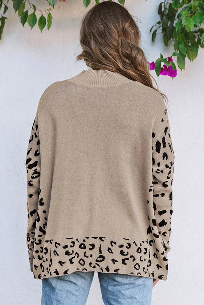 Women's Sweater - Leopard Print High Neck Side Slit - Oversized Daily