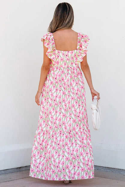 Maxi Dress - Floral Ruffled Straps - Vacation & Wedding
