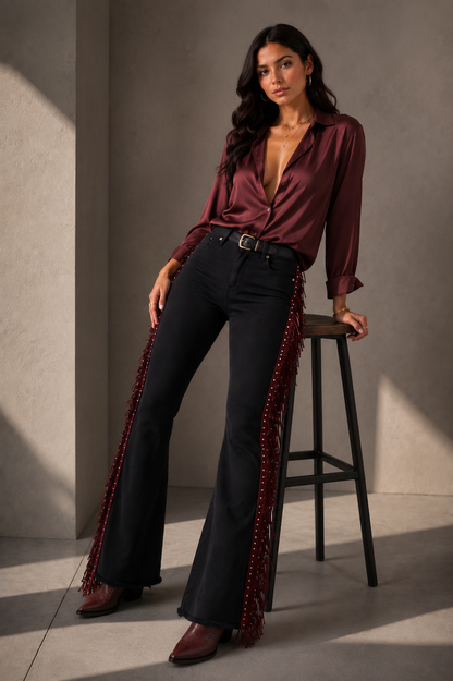 Texas Sun Bell Bottom Jean Burgundy Fringe