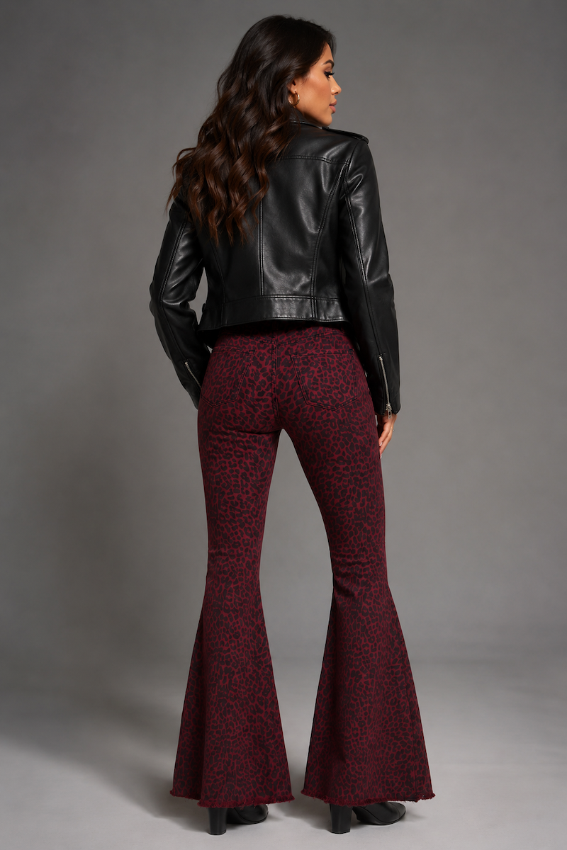 Leopard Print Bell Bottom Pant in Burgundy