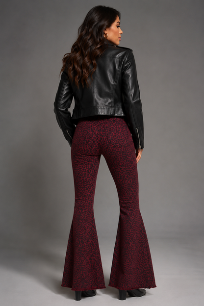 Leopard Print Bell Bottom Pant in Burgundy
