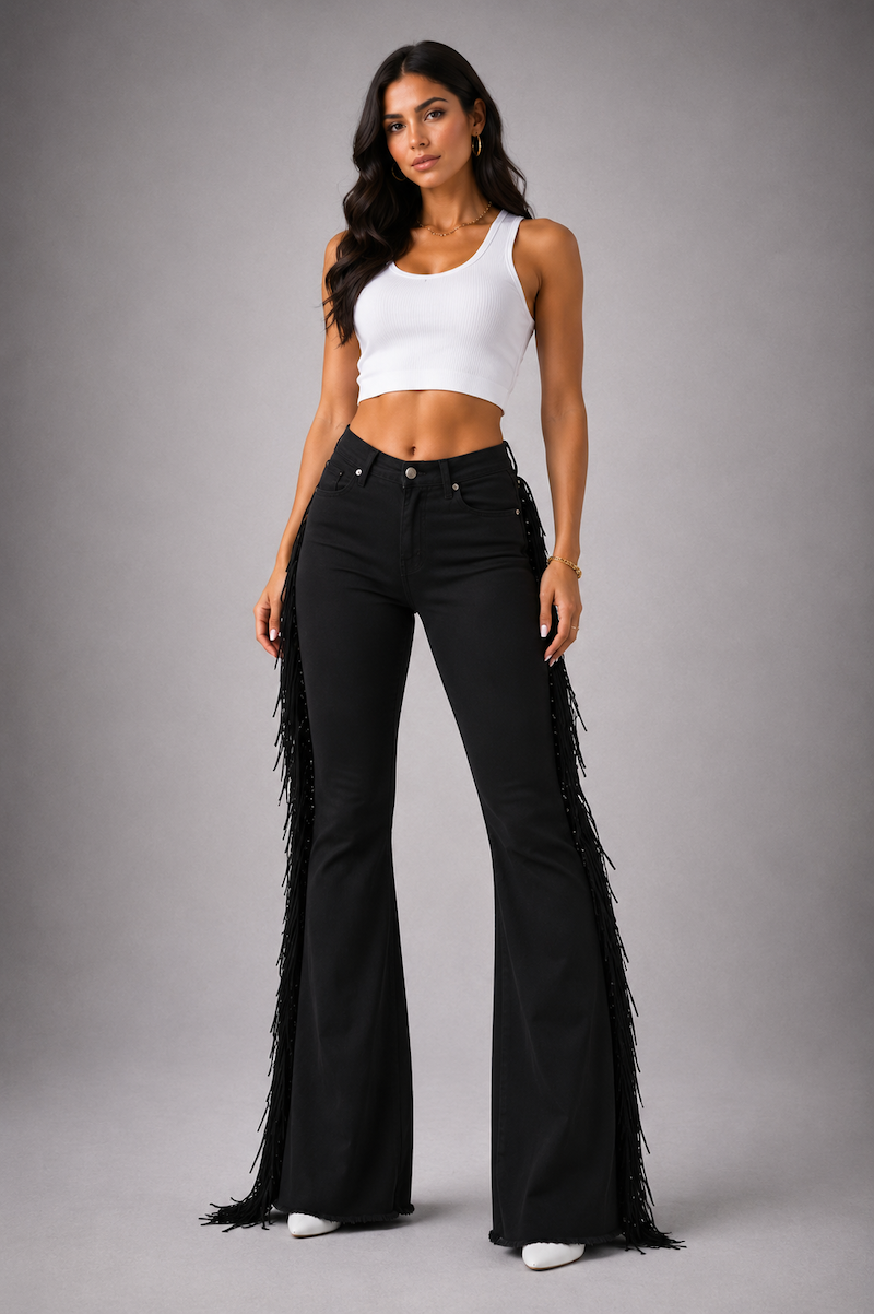 Texas Sun Bell Bottom Jean Black Fringe
