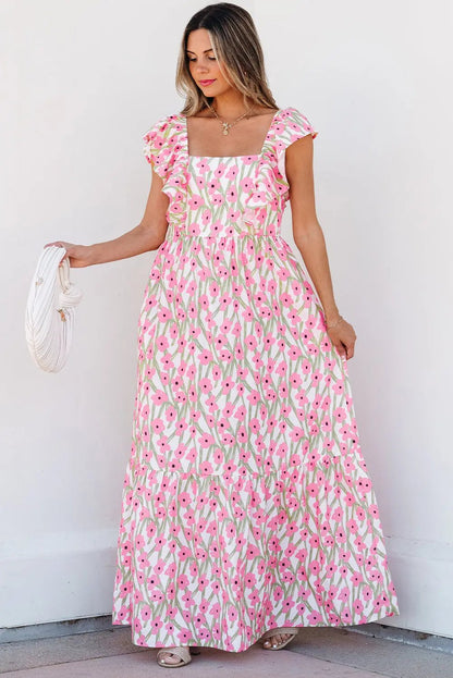 Maxi Dress - Floral Ruffled Straps - Vacation & Wedding