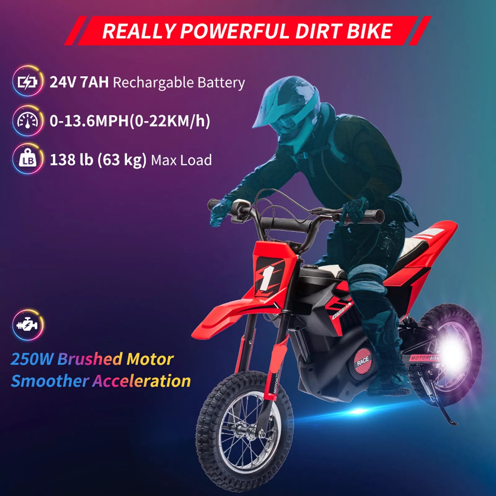 Young boy riding 24V electric dirt bike on trail