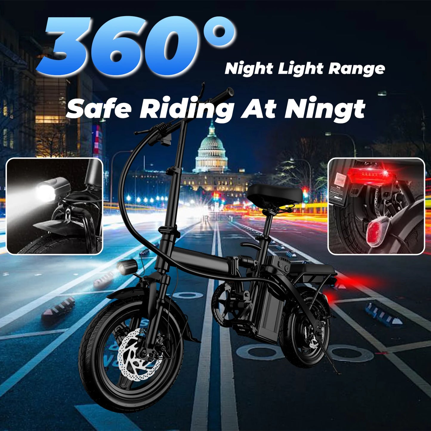 Electric bike with night light features on a city street at night | Origin Zero