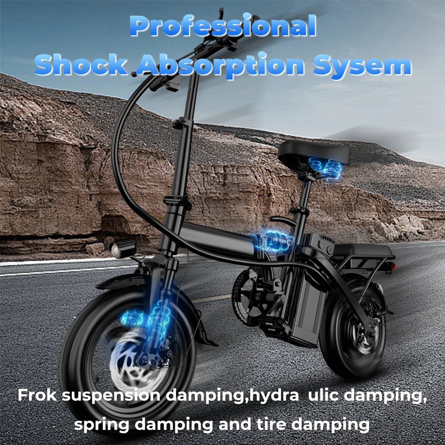 Electric bike with shock absorption system features on a road with rocky landscape. | Origin Zero